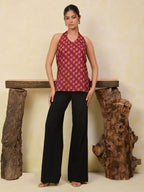 Wine Printed Halter Neck Short Kurti