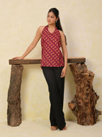 Wine Printed Halter Neck Short Kurti