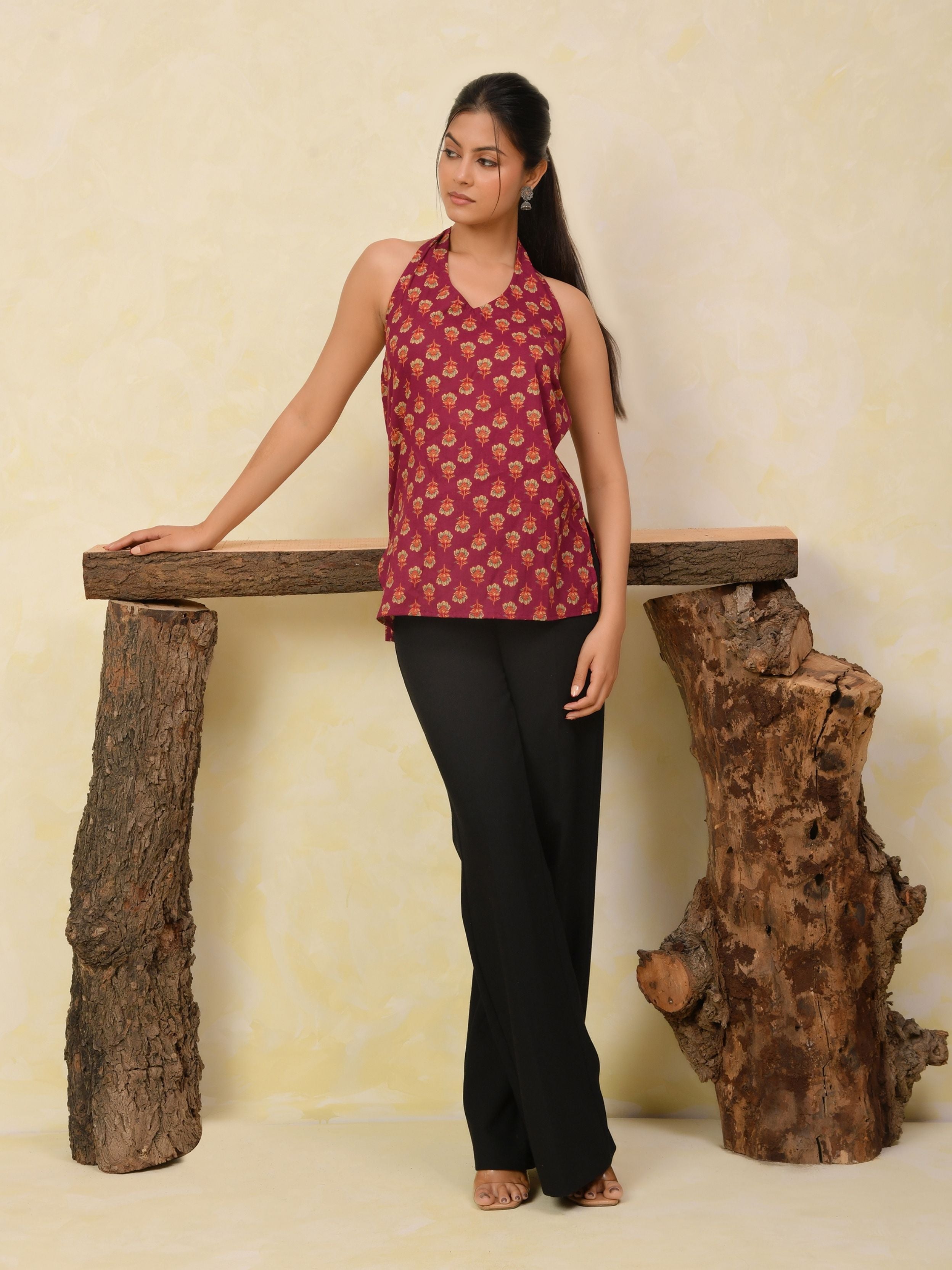 Wine Printed Halter Neck Short Kurti