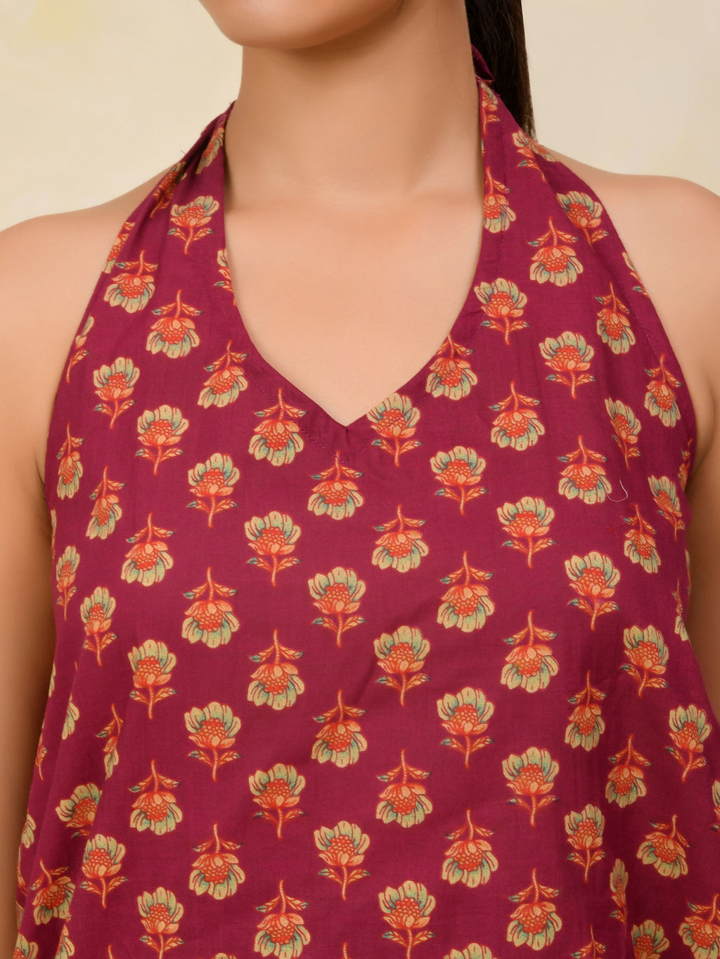 Wine Printed Halter Neck Short Kurti