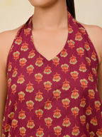 Wine Printed Halter Neck Short Kurti
