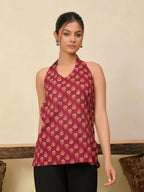 Wine Printed Halter Neck Short Kurti