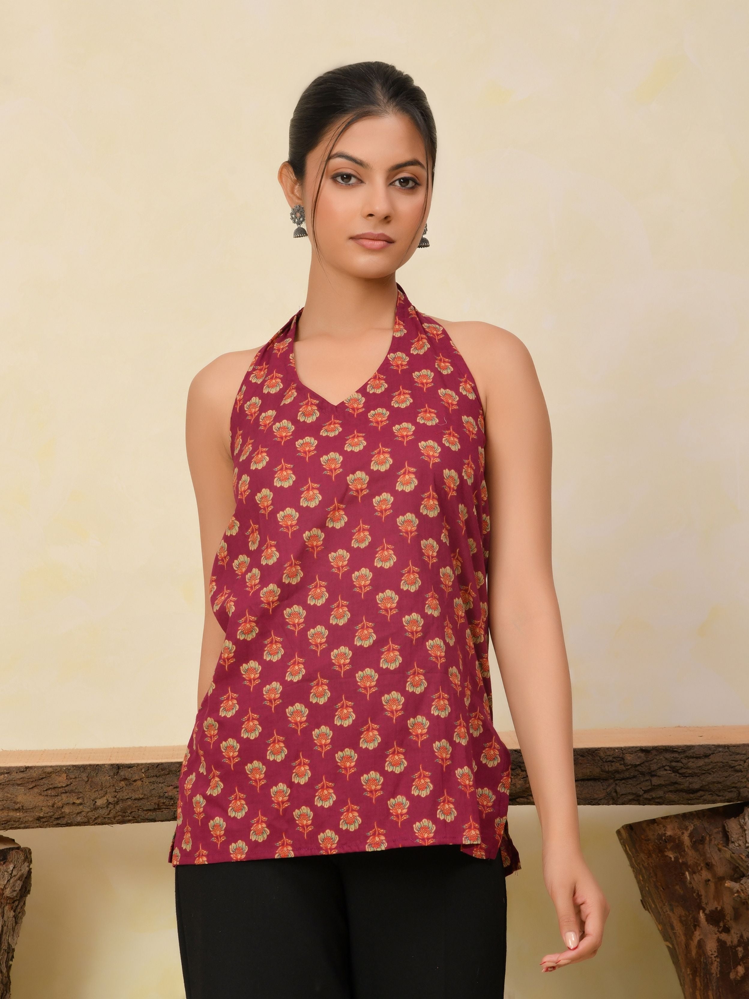 Wine Printed Halter Neck Short Kurti
