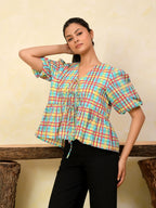 Front Open Puff Sleeve Cotton Top