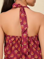 Wine Printed Halter Neck Short Kurti