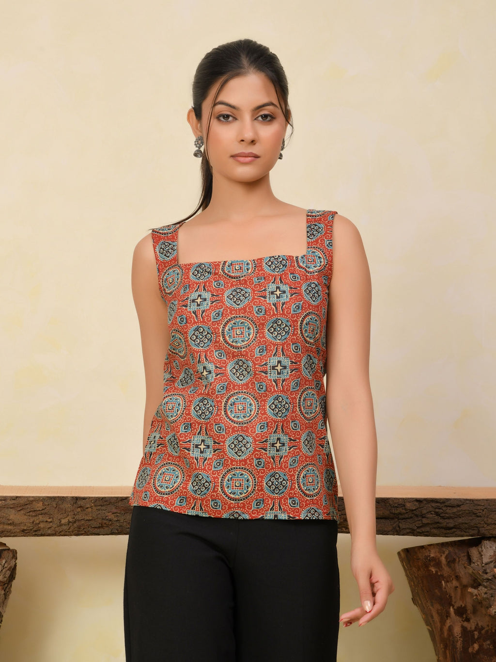 Rust Ajrakh Printed Backless Cotton Top
