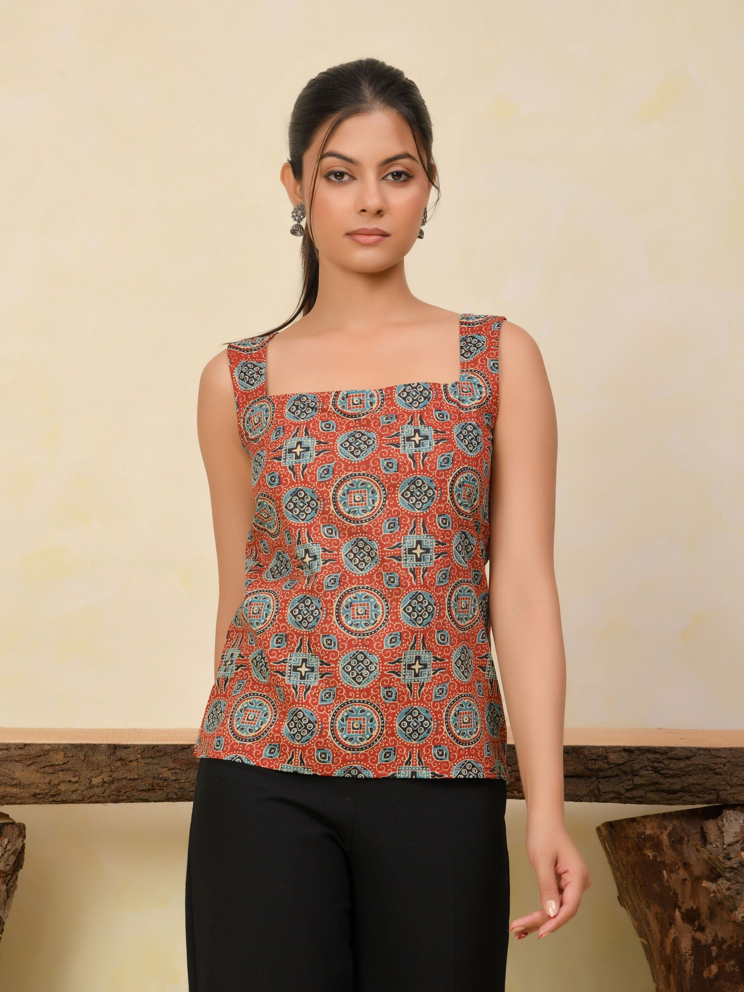 Rust Ajrakh Printed Backless Cotton Top