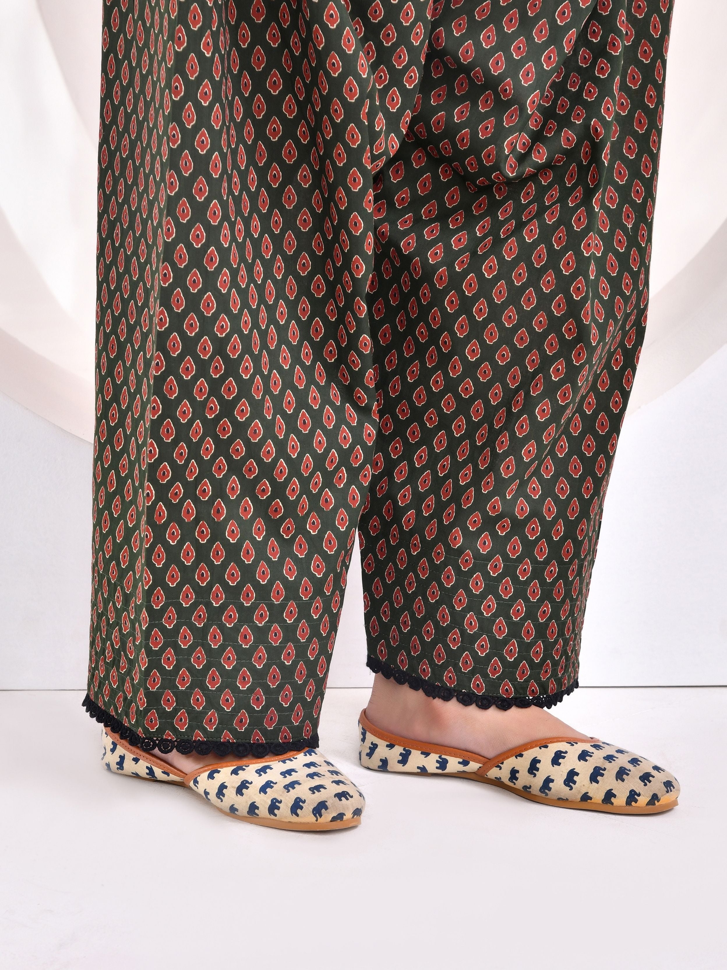 Dark Green Ajrakh Printed Kurta with Farshi Salwar Set