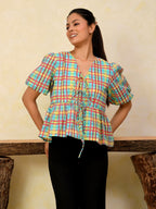 Front Open Puff Sleeve Cotton Top