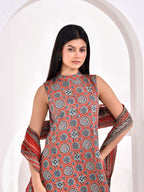 Rust Ajrakh Printed A-Line Kurta Set with Dupatta