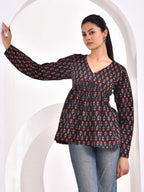Midnight Floral Printed Full Sleeve Peplum Top