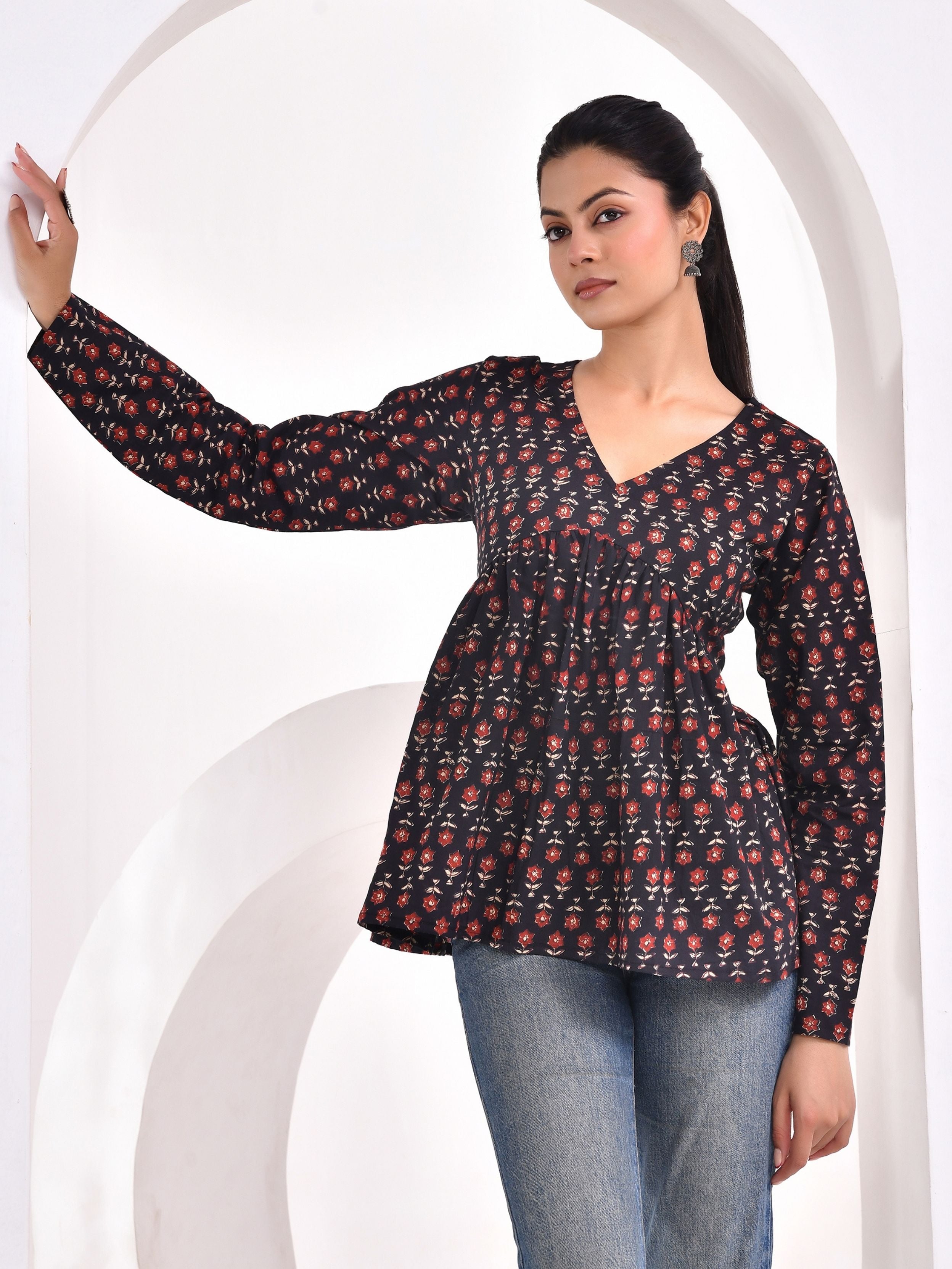 Midnight Floral Printed Full Sleeve Peplum Top