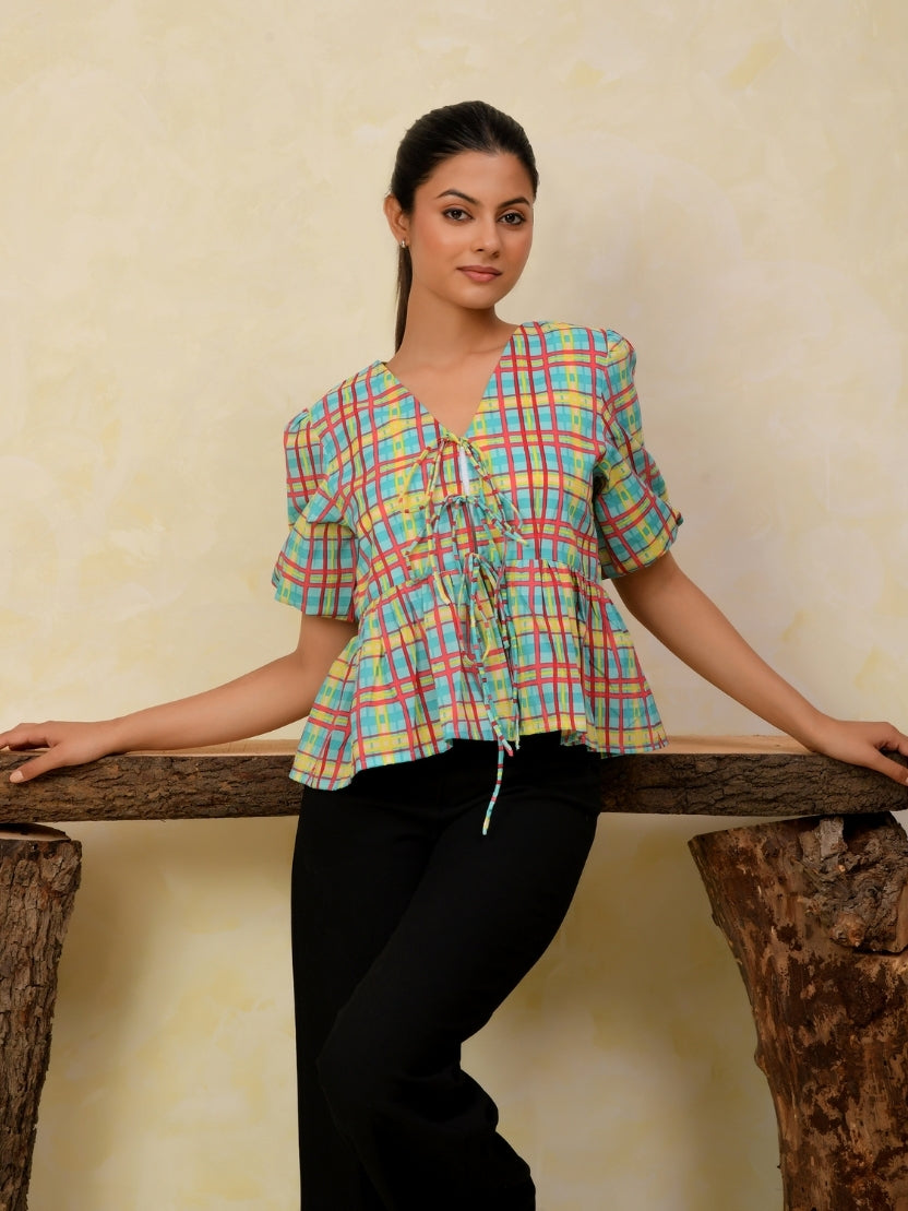Front Open Puff Sleeve Cotton Top