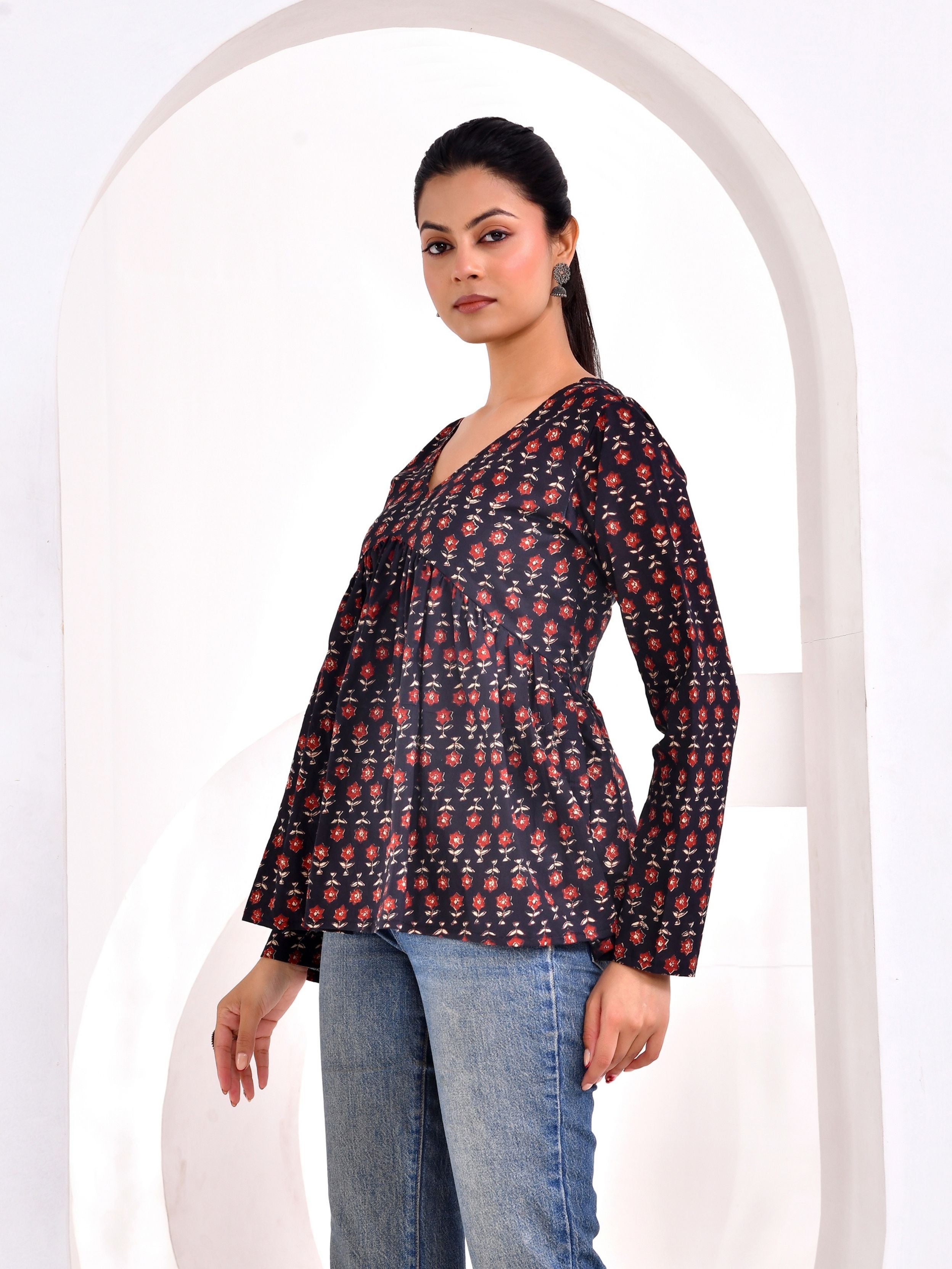 Midnight Floral Printed Full Sleeve Peplum Top