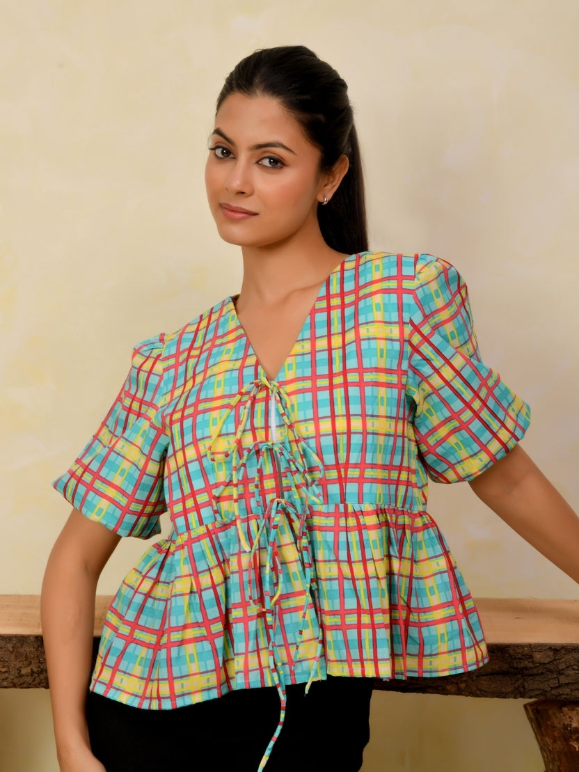 Front Open Puff Sleeve Cotton Top