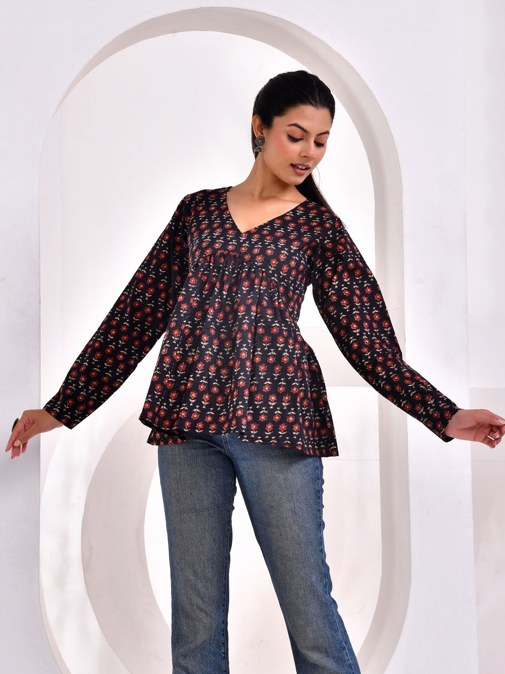 Midnight Floral Printed Full Sleeve Peplum Top