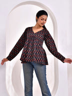 Midnight Floral Printed Full Sleeve Peplum Top