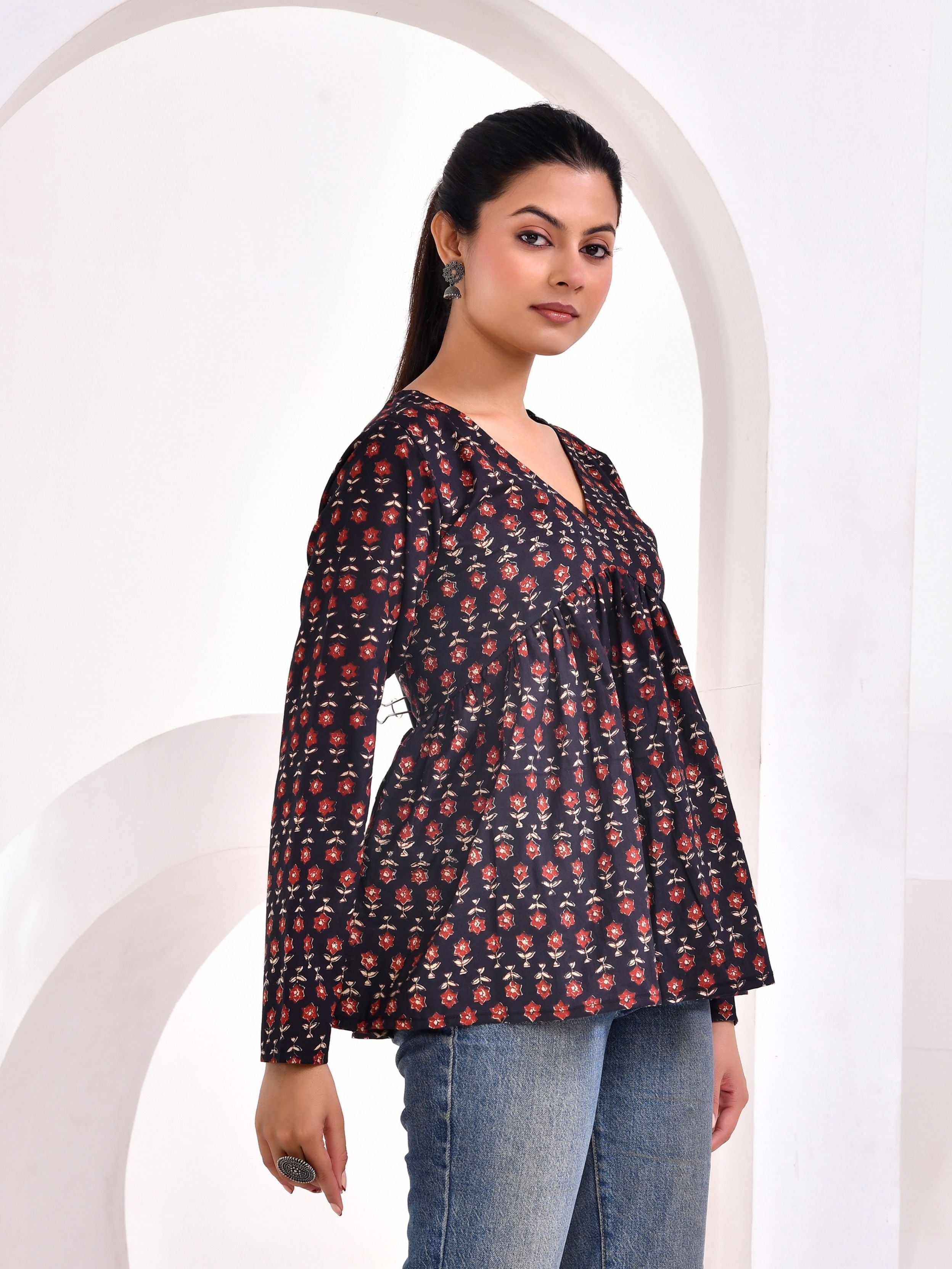 Midnight Floral Printed Full Sleeve Peplum Top