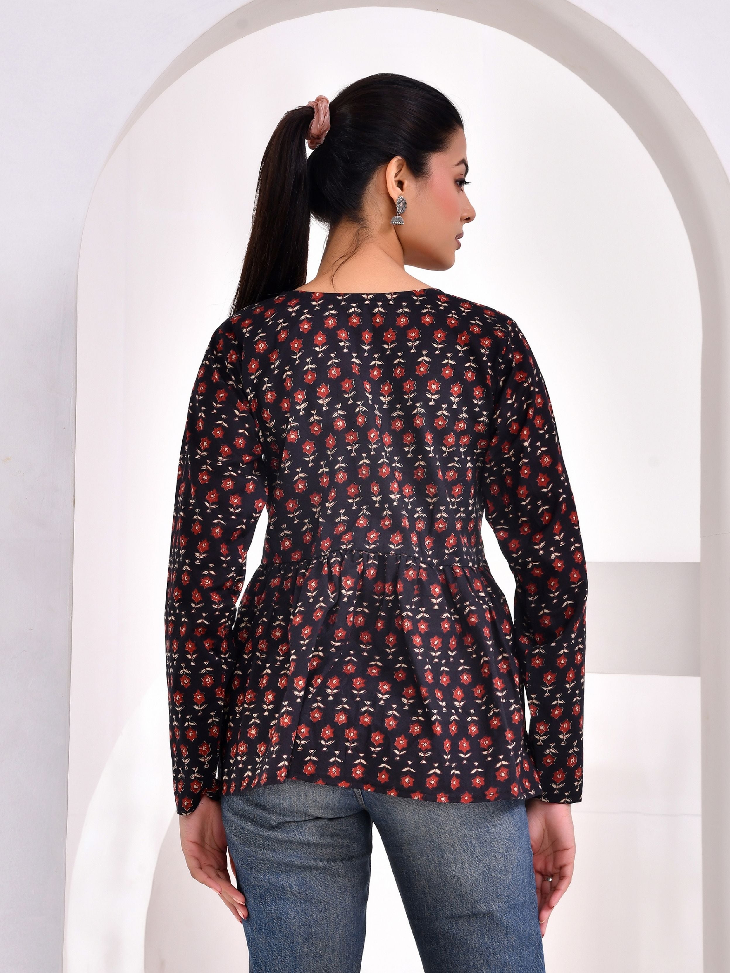Midnight Floral Printed Full Sleeve Peplum Top