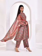 Rust Ajrakh Printed A-Line Kurta Set with Dupatta