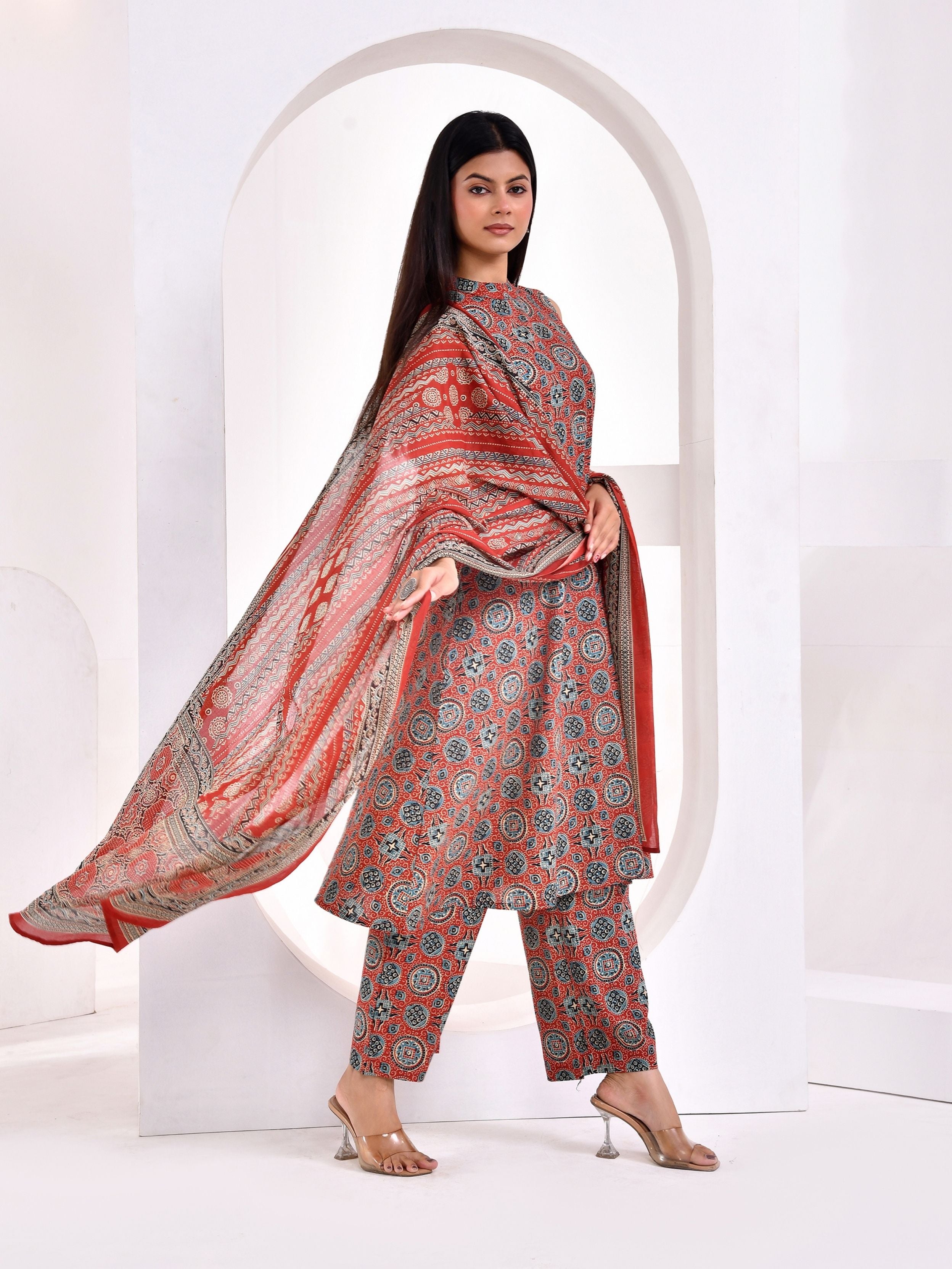 Rust Ajrakh Printed A-Line Kurta Set with Dupatta