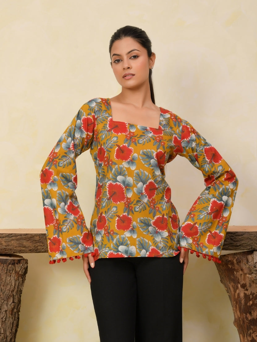 Printed Cotton Bell Sleeve Short Kurti