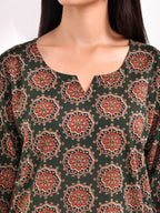 Dark Green Ajrakh Printed Kurta with Farshi Salwar Set