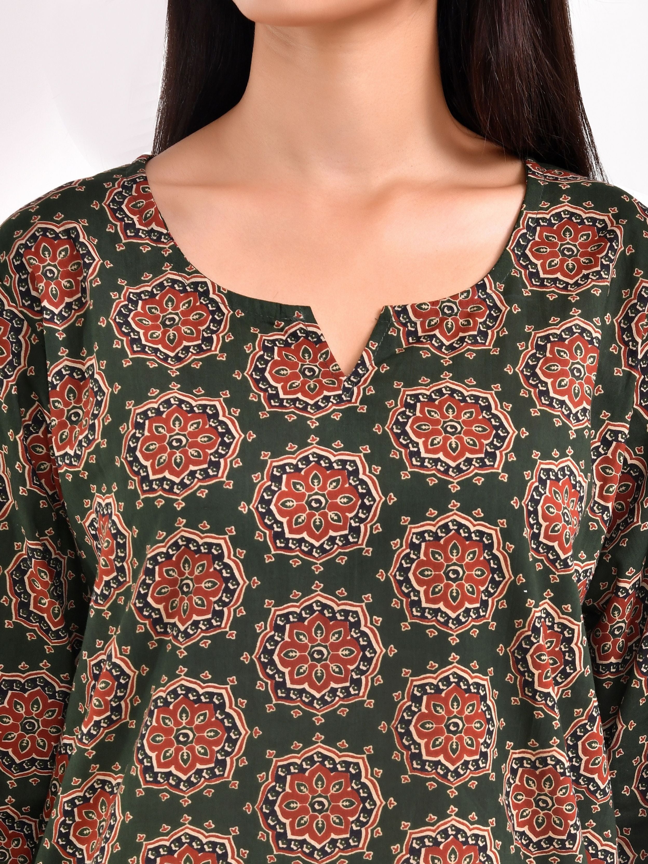 Dark Green Ajrakh Printed Kurta with Farshi Salwar Set