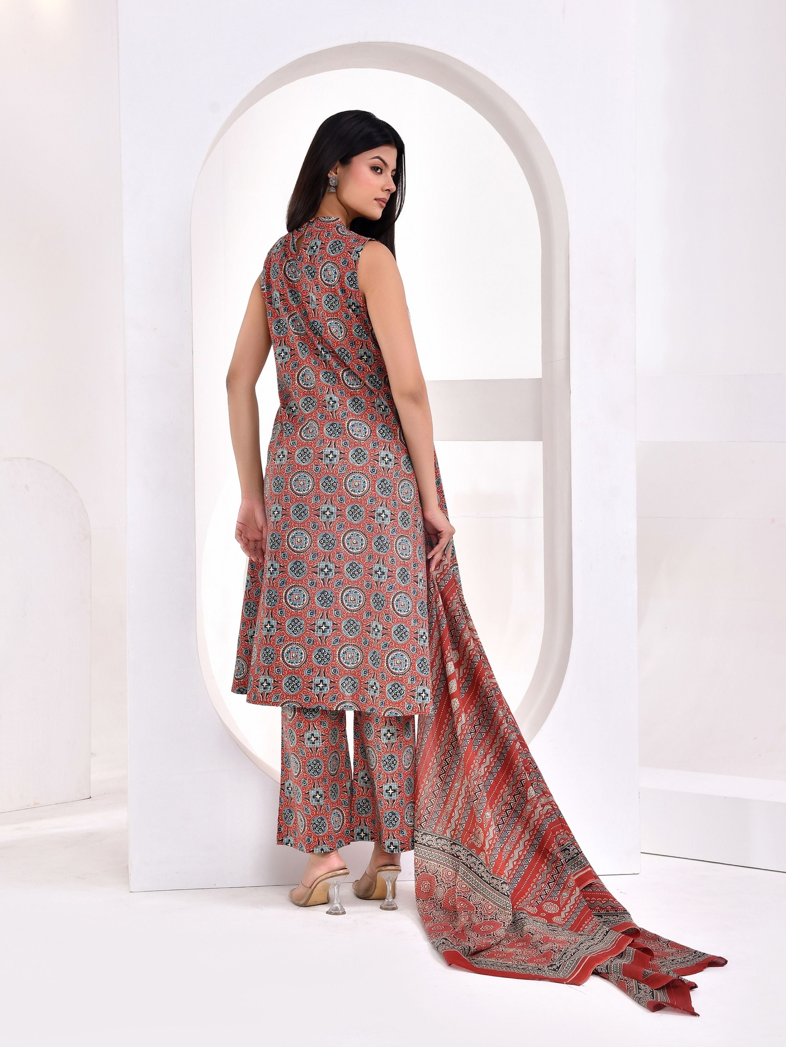 Rust Ajrakh Printed A-Line Kurta Set with Dupatta
