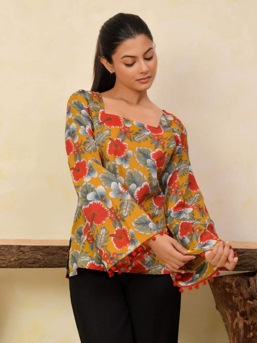 Printed Cotton Bell Sleeve Short Kurti