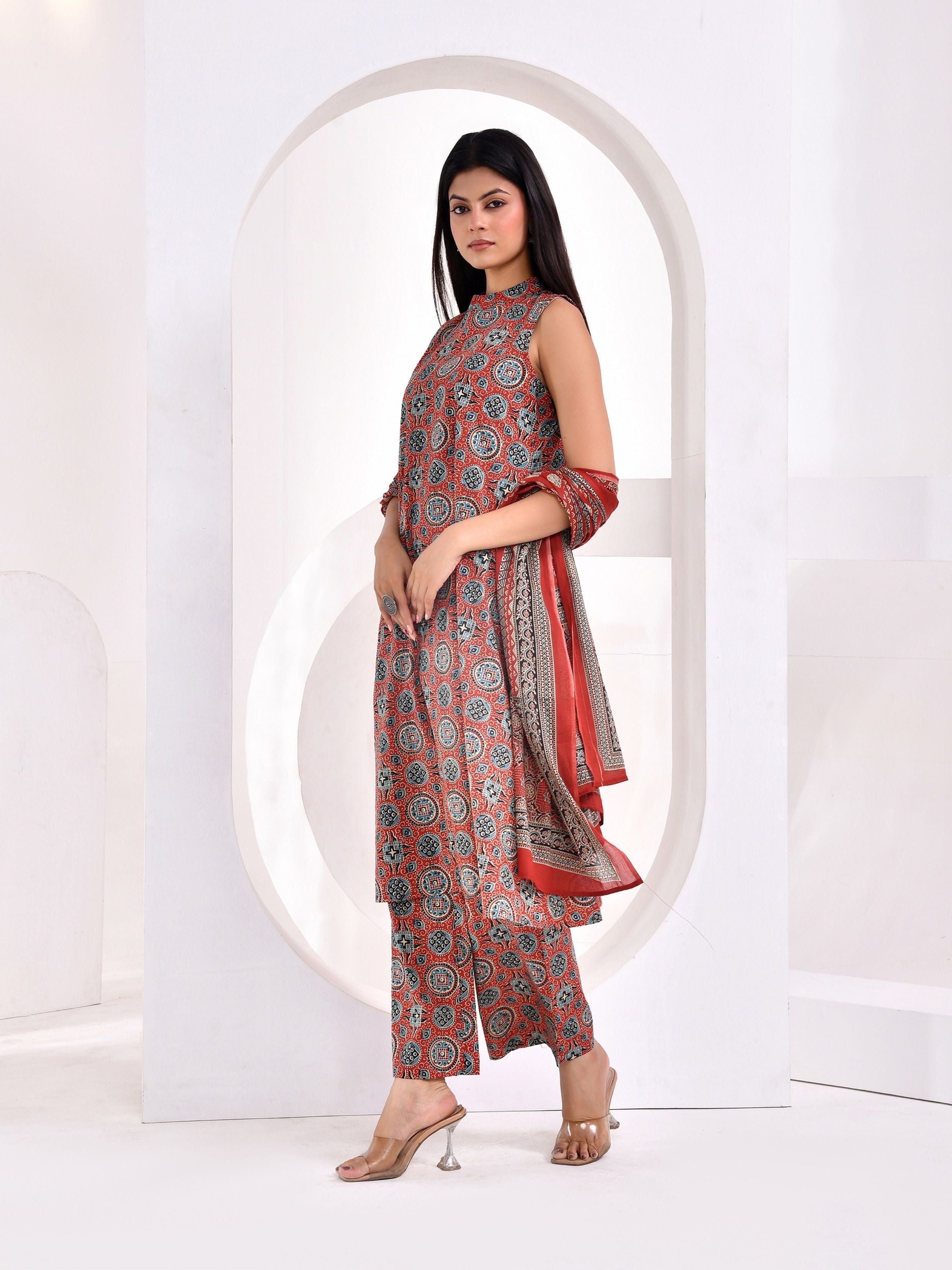 Rust Ajrakh Printed A-Line Kurta Set with Dupatta