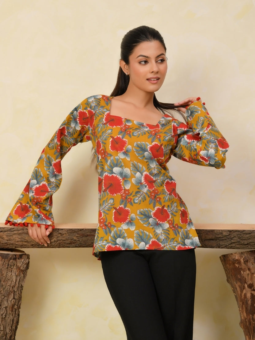 Printed Cotton Bell Sleeve Short Kurti