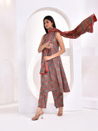 Rust Ajrakh Printed A-Line Kurta Set with Dupatta