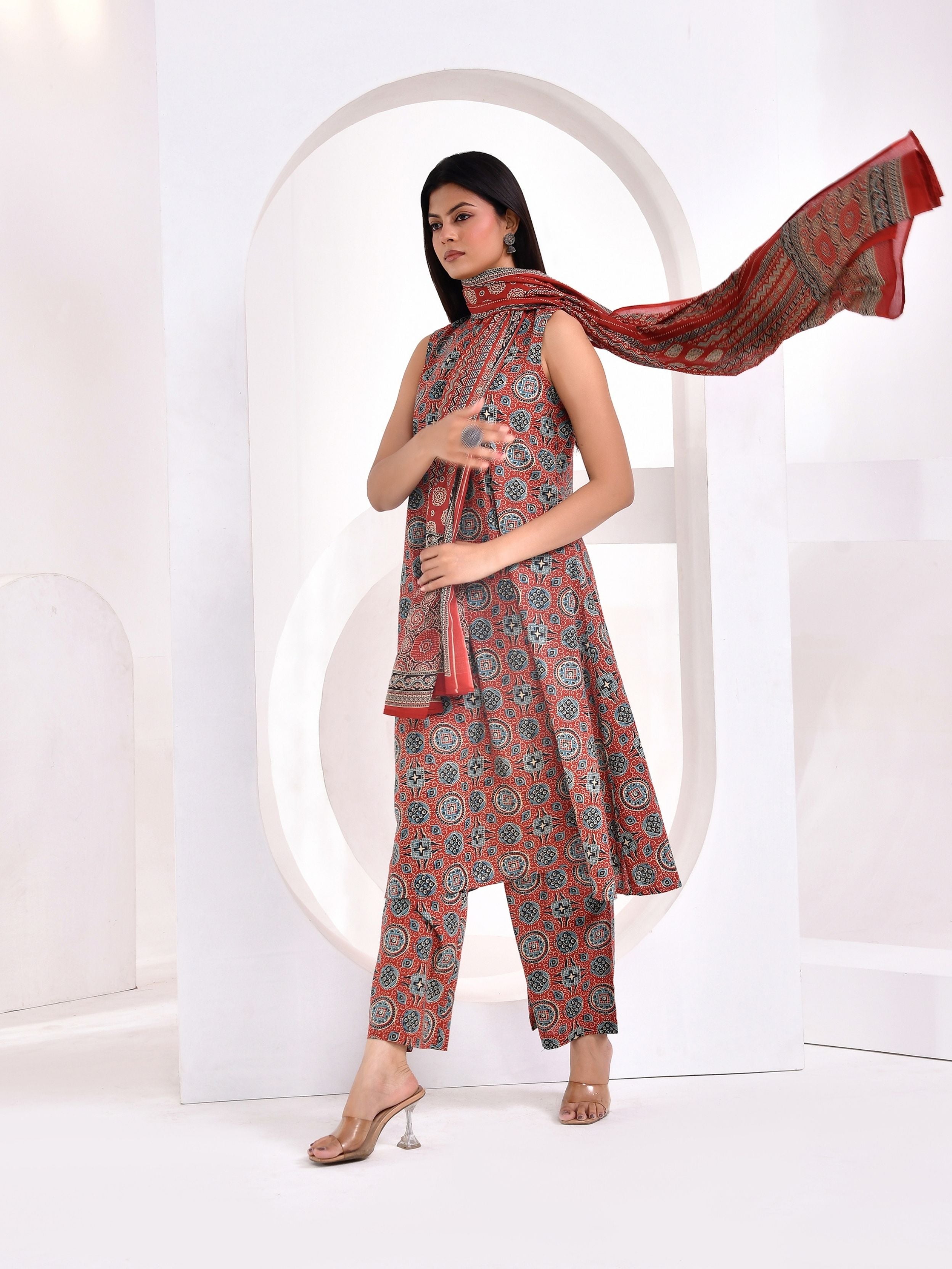 Rust Ajrakh Printed A-Line Kurta Set with Dupatta