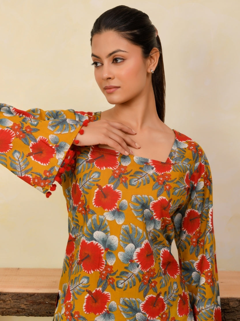 Printed Cotton Bell Sleeve Short Kurti
