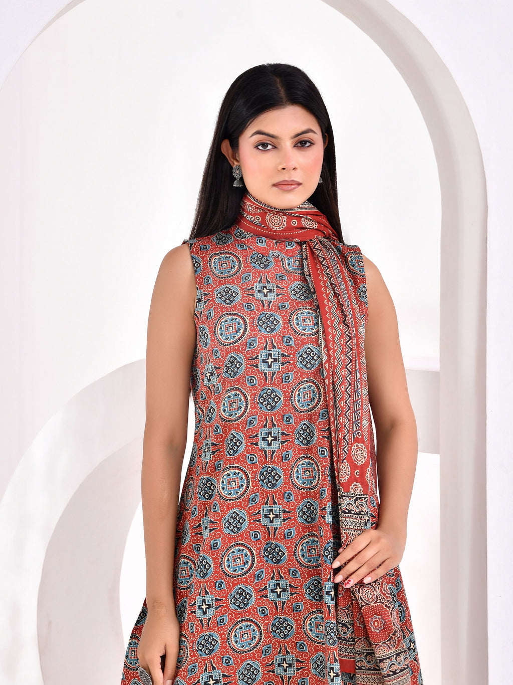 Rust Ajrakh Printed A-Line Kurta Set with Dupatta