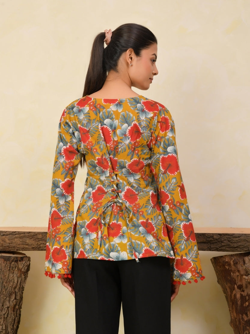 Printed Cotton Bell Sleeve Short Kurti