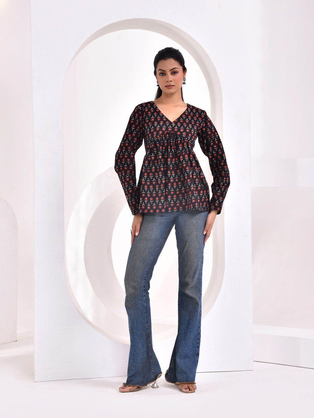 Midnight Floral Printed Full Sleeve Peplum Top