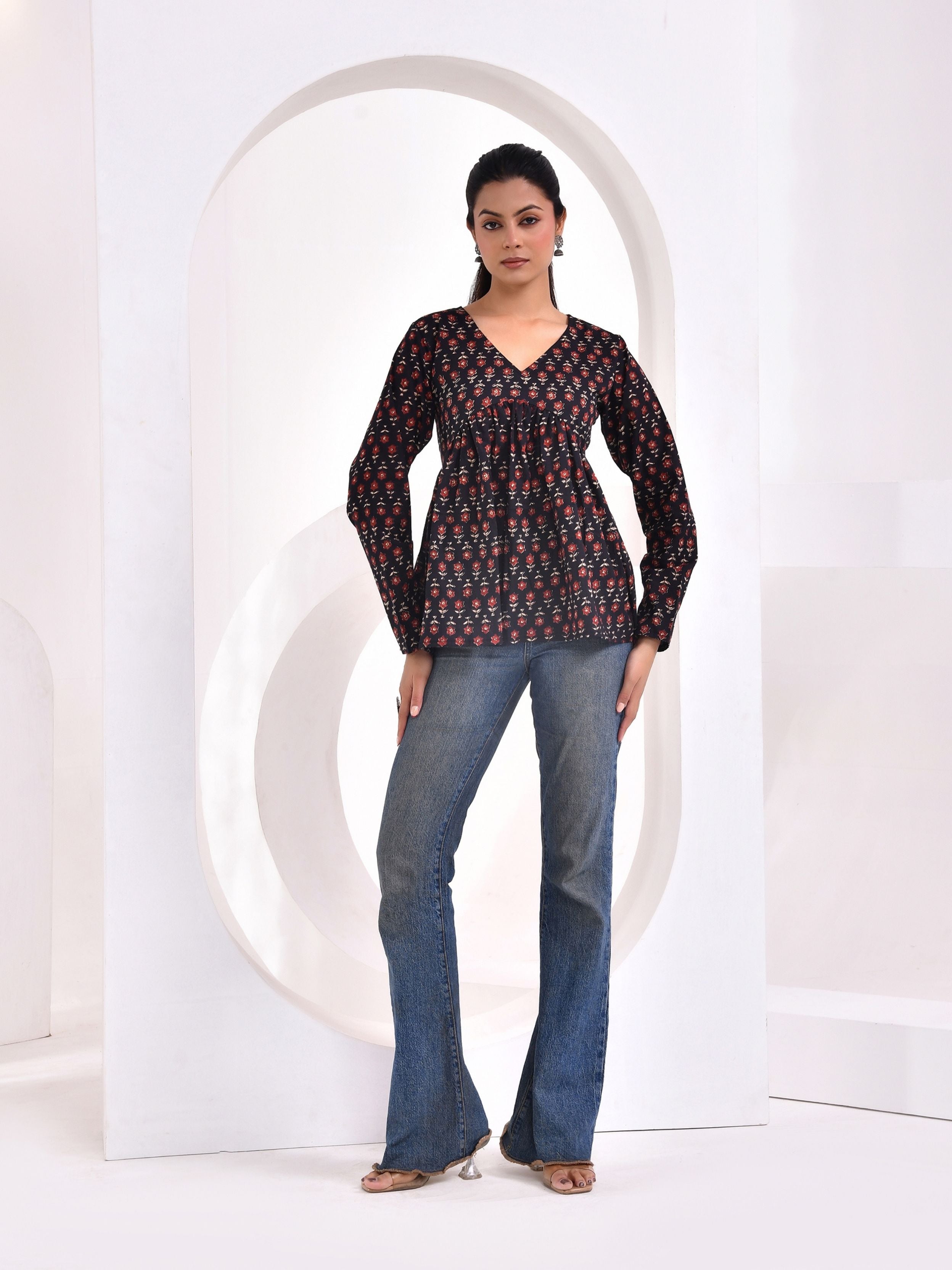 Midnight Floral Printed Full Sleeve Peplum Top
