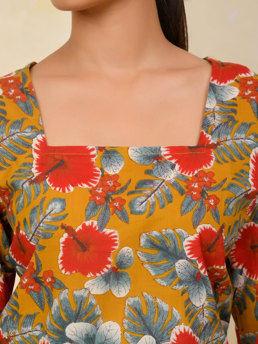 Printed Cotton Bell Sleeve Short Kurti