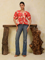 Floral Front Open Puff Sleeve Cotton Top
