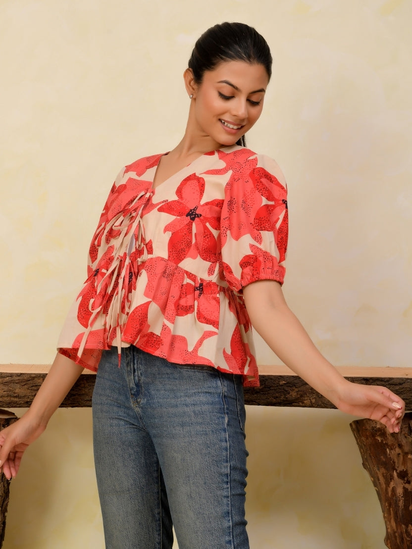Floral Front Open Puff Sleeve Cotton Top