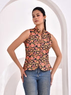 Black Floral Printed Sleeveless Cotton Top