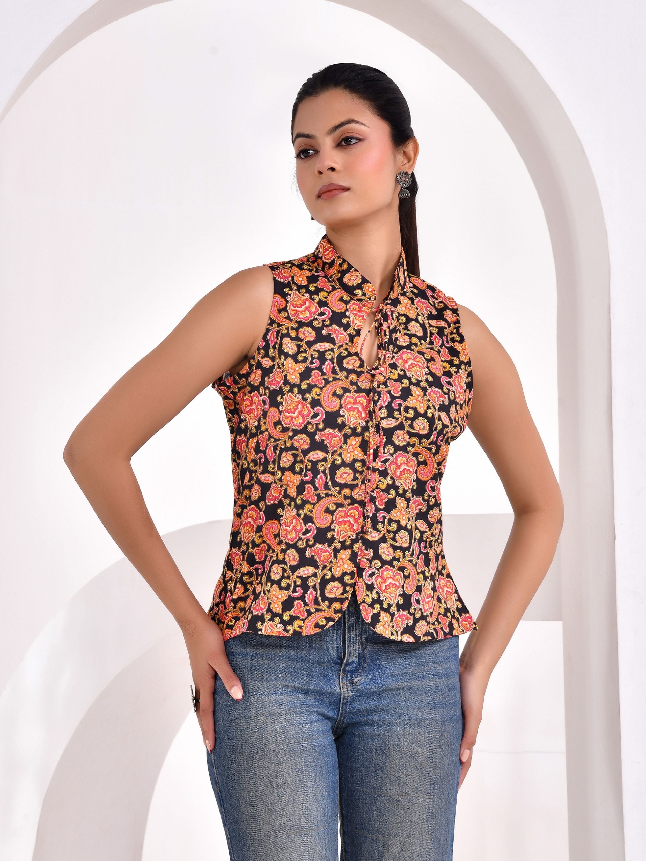 Black Floral Printed Sleeveless Cotton Top