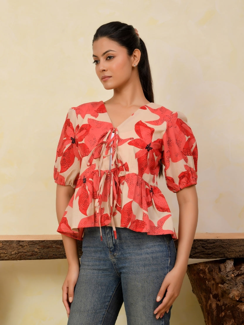 Floral Front Open Puff Sleeve Cotton Top