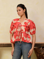 Floral Front Open Puff Sleeve Cotton Top