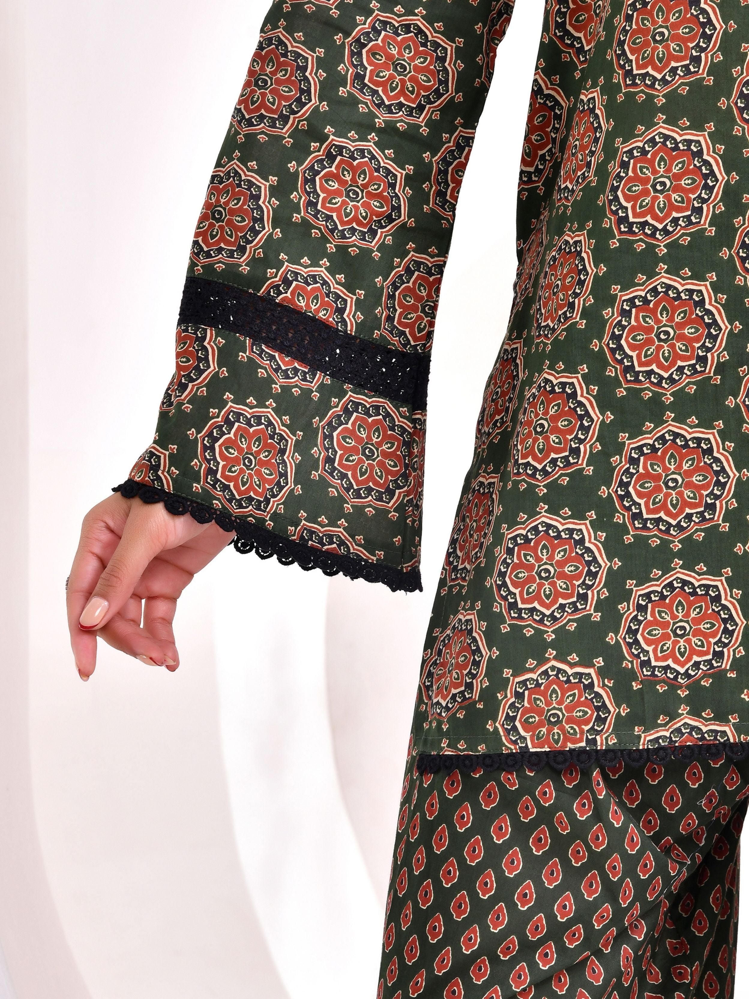 Dark Green Ajrakh Printed Kurta with Farshi Salwar Set