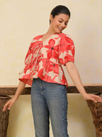 Floral Front Open Puff Sleeve Cotton Top