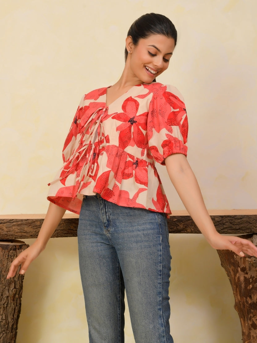 Floral Front Open Puff Sleeve Cotton Top