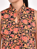 Black Floral Printed Sleeveless Cotton Top